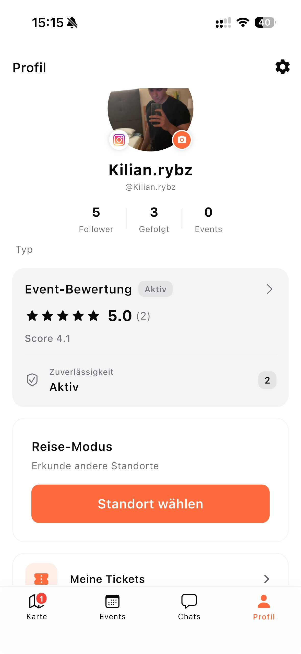 Profil und Bewertungen in der No.w.here App